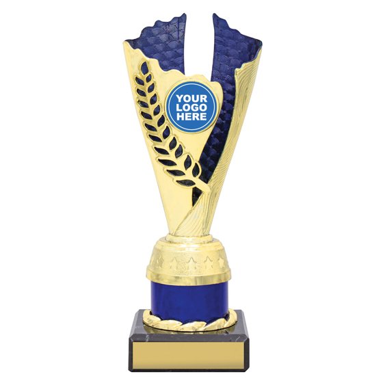 Small gold laurel trophy with blue textured insert, blue column centre and engraving plate on black base