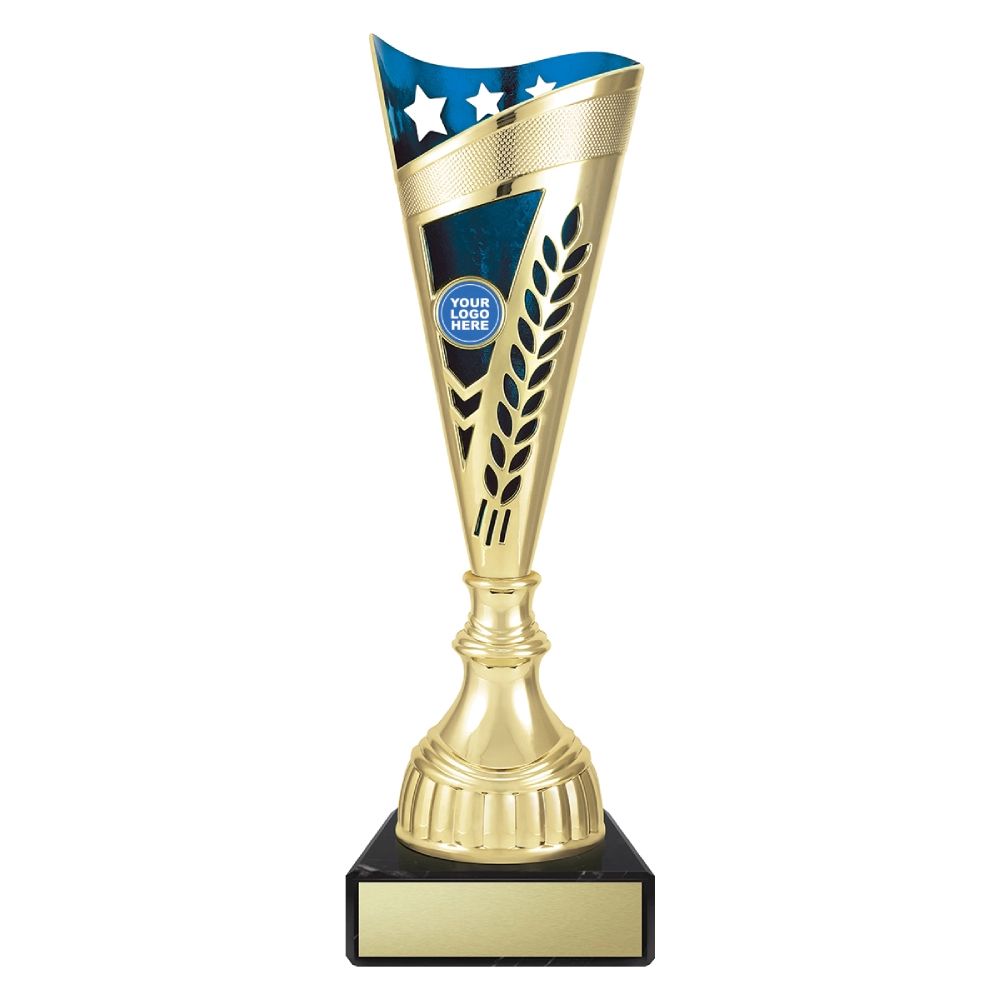 Extra large gold cup trophy with blue top panel star detail and laurel cutout design on black base with blank engraving plate