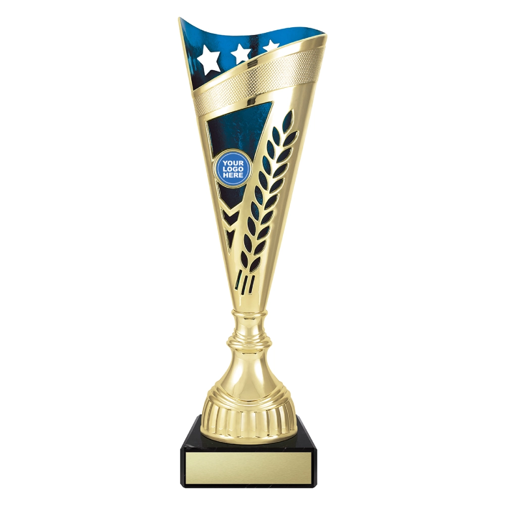 Large gold cup trophy with blue top panel star detail and laurel cutout design on black base with blank engraving plate
