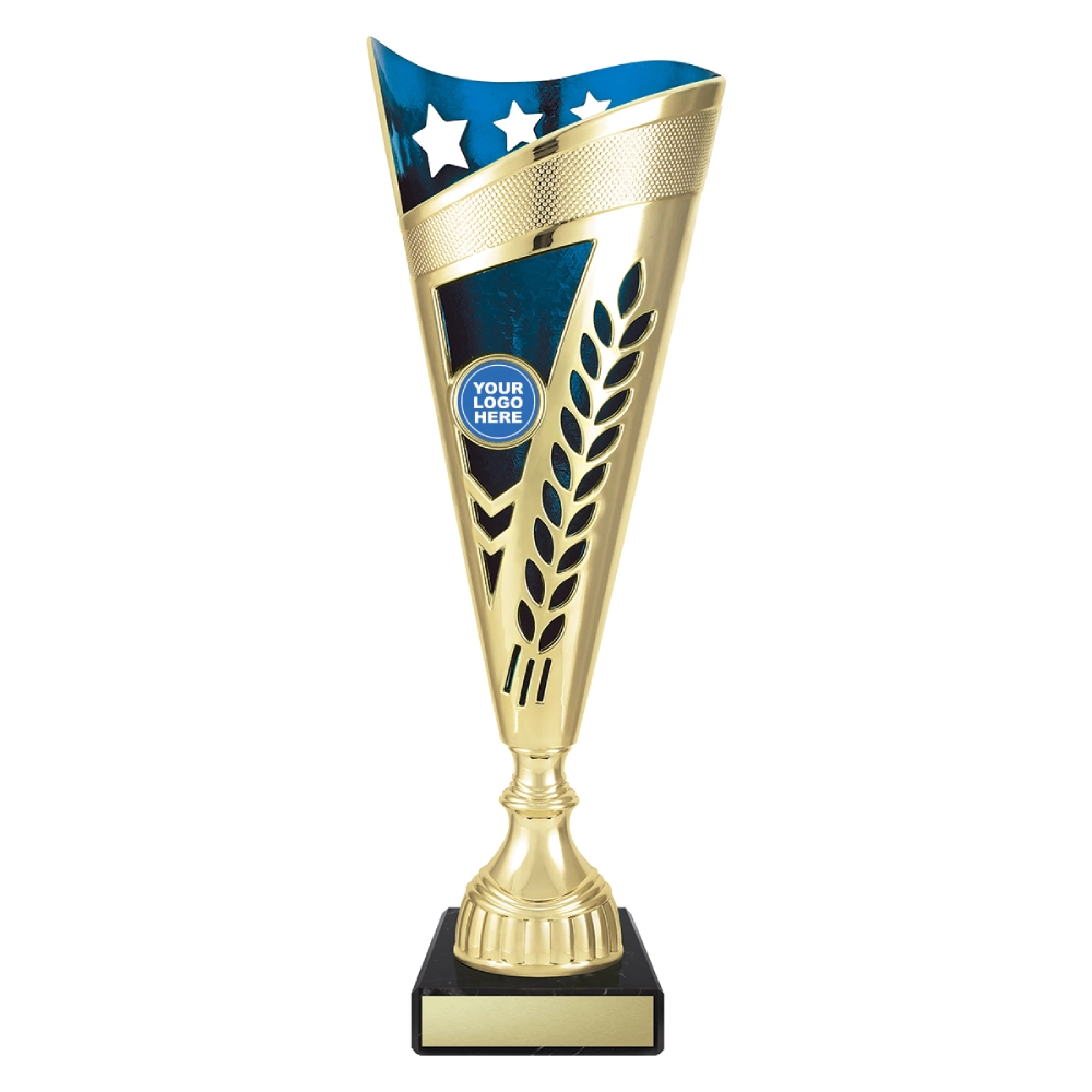Small gold cup trophy with blue top panel star detail and laurel cutout design on black base with blank engraving plate