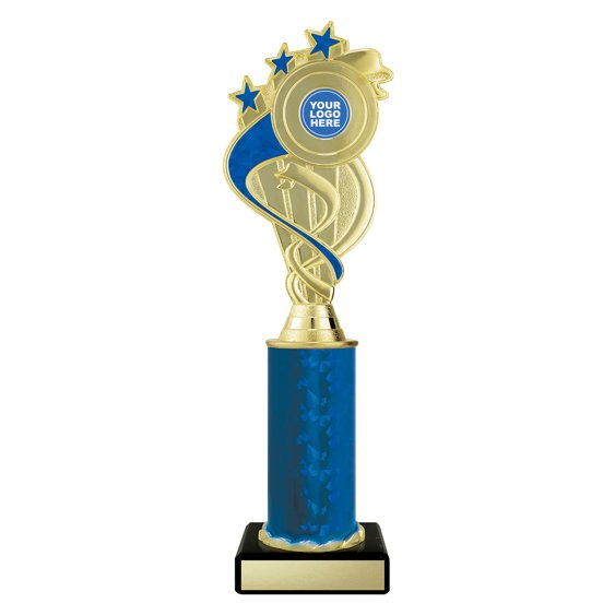 Extra large gold swirl star trophy with blue ribbon detail, blue column centre and engraving plate on black base