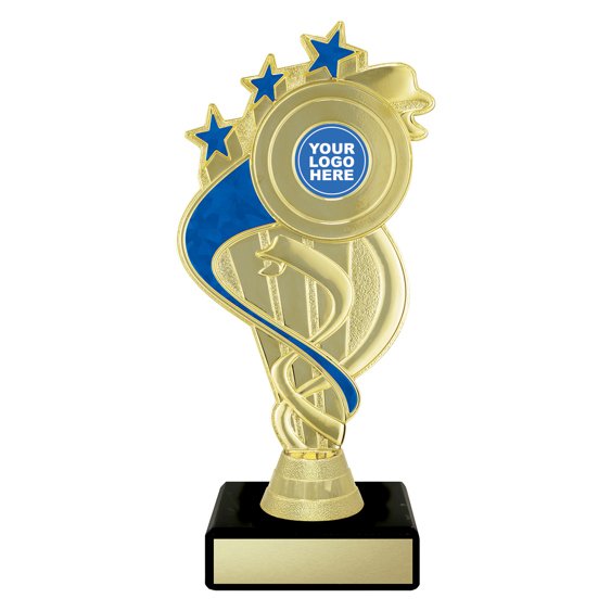 Extra small gold swirl star trophy with blue ribbon detail, blue column centre and engraving plate on black base