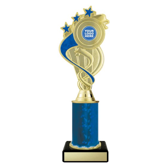 Large gold swirl star trophy with blue ribbon detail, blue column centre and engraving plate on black base