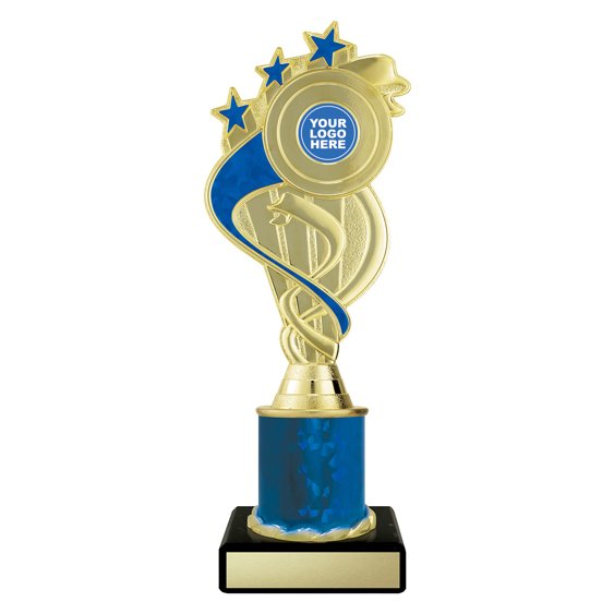 Medium gold swirl star trophy with blue ribbon detail, blue column centre and engraving plate on black base