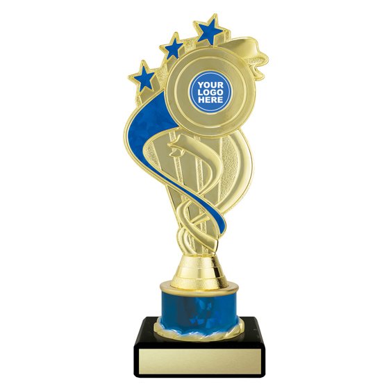 Small gold swirl star trophy with blue ribbon detail, blue column centre and engraving plate on black base