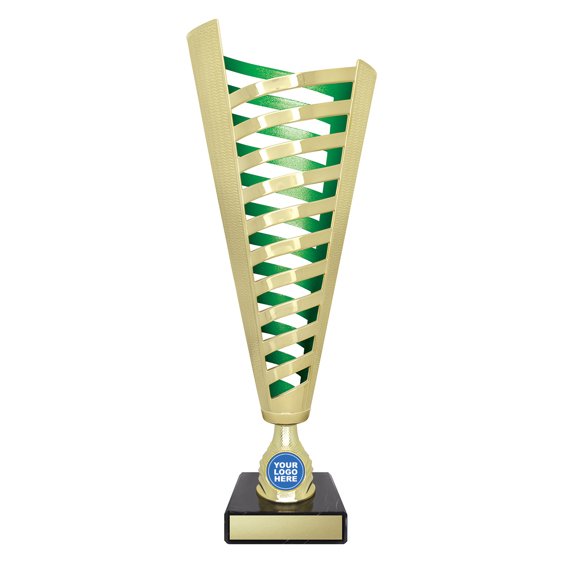 Extra small tall gold lattice design cup trophy with green inner panel and circular logo insert on black base