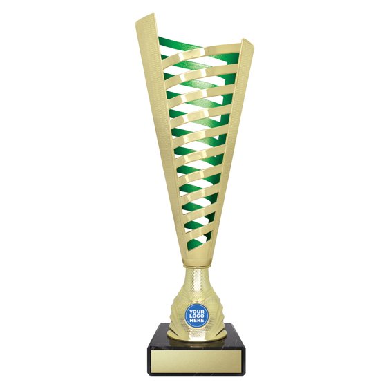 Large tall gold lattice design cup trophy with green inner panel and circular logo insert on black base