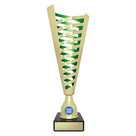 Medium tall gold lattice design cup trophy with green inner panel and circular logo insert on black base