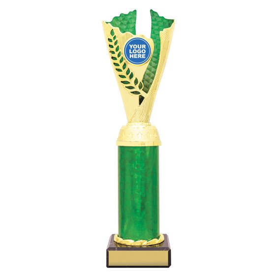 Extra large gold laurel trophy with green textured insert, green column centre and engraving plate on black base