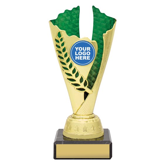 Extra small gold laurel trophy with green textured insert, green column centre and engraving plate on black base