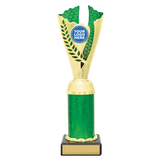 Large gold laurel trophy with green textured insert, green column centre and engraving plate on black base