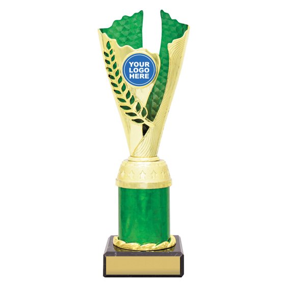 Medium gold laurel trophy with green textured insert, green column centre and engraving plate on black base