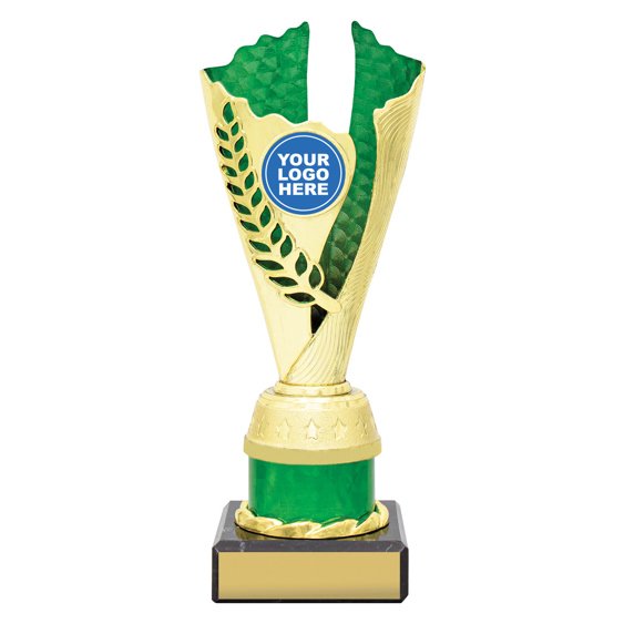 Small gold laurel trophy with green textured insert, green column centre and engraving plate on black base