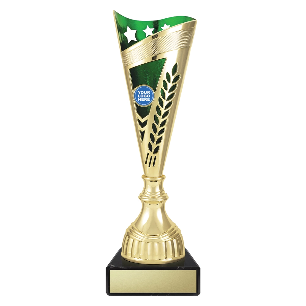 Extra large gold cup trophy with green top panel star detail and laurel cutout design on black base with blank engraving plate