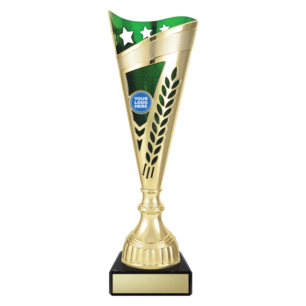 Large gold cup trophy with green top panel star detail and laurel cutout design on black base with blank engraving plate