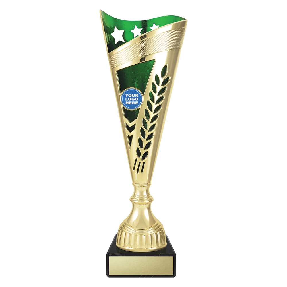 Medium gold cup trophy with green top panel star detail and laurel cutout design on black base with blank engraving plate