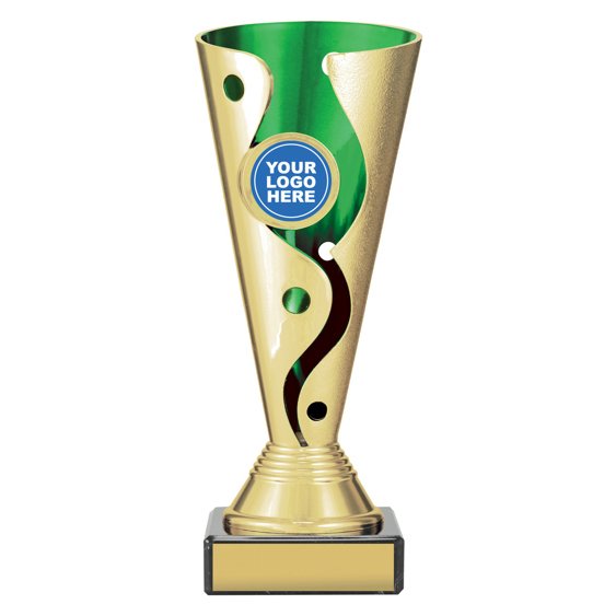Large gold cup trophy with green inner panel and curved cutout detail on black base with blank engraving plate