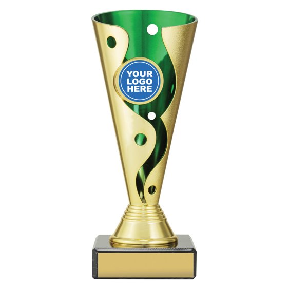 Medium gold cup trophy with green inner panel and curved cutout detail on black base with blank engraving plate