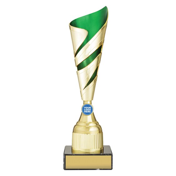 Extra large tall gold twist design cup trophy with green inner panel and circular logo insert on black base
