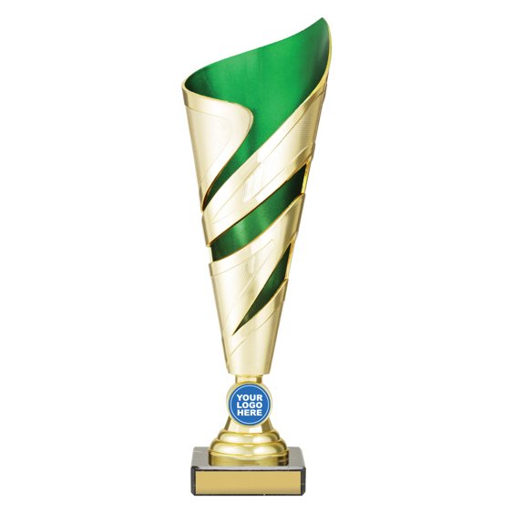Extra small tall gold twist design cup trophy with green inner panel and circular logo insert on black base