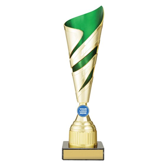 Large tall gold twist design cup trophy with green inner panel and circular logo insert on black base