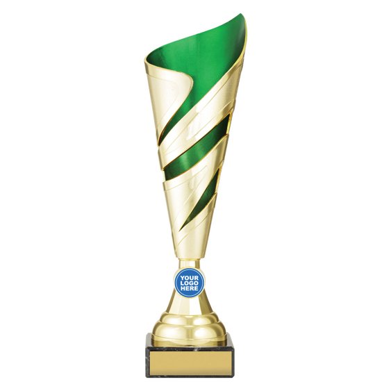 Medium tall gold twist design cup trophy with green inner panel and circular logo insert on black base