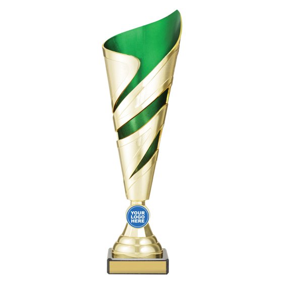 Small tall gold twist design cup trophy with green inner panel and circular logo insert on black base