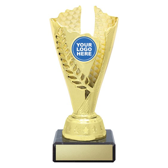 Extra small gold laurel trophy with holographic insert, iridescent column centre and engraving plate on black base