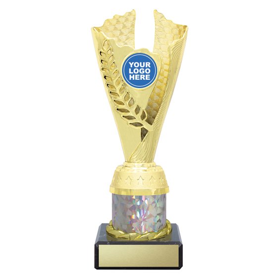 Small gold laurel trophy with holographic insert, iridescent column centre and engraving plate on black base