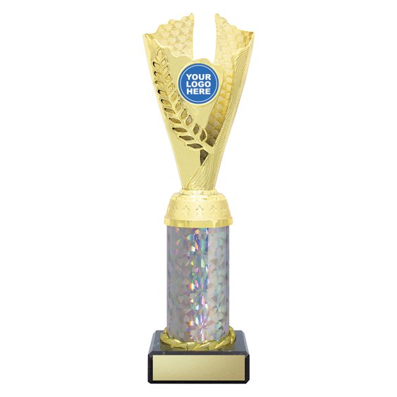 Large gold laurel trophy with holographic insert, iridescent column centre and engraving plate on black base