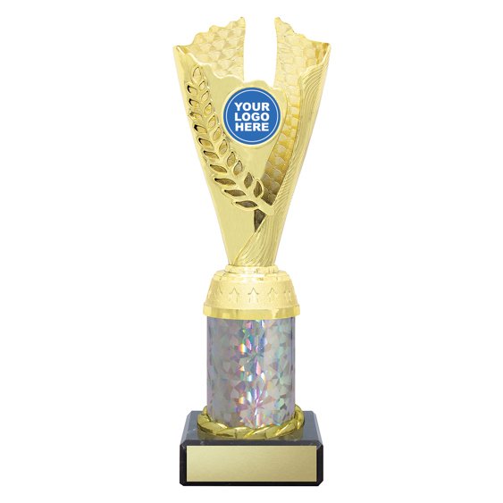 Medium gold laurel trophy with holographic insert, iridescent column centre and engraving plate on black base