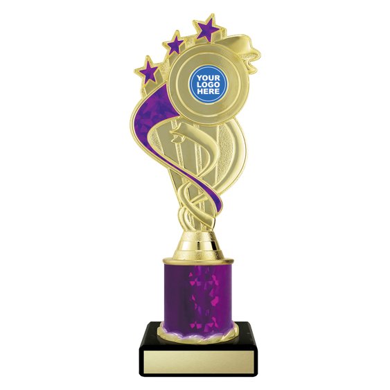 Medium gold swirl star trophy with purple ribbon detail, purple column centre and engraving plate on black base
