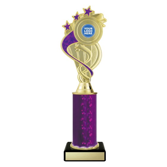 Extra large gold swirl star trophy with purple ribbon detail, purple column centre and engraving plate on black base