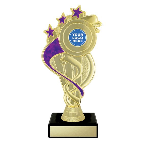 Extra small gold swirl star trophy with purple ribbon detail, purple column centre and engraving plate on black base