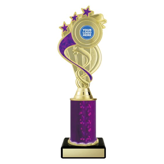Large gold swirl star trophy with purple ribbon detail, purple column centre and engraving plate on black base