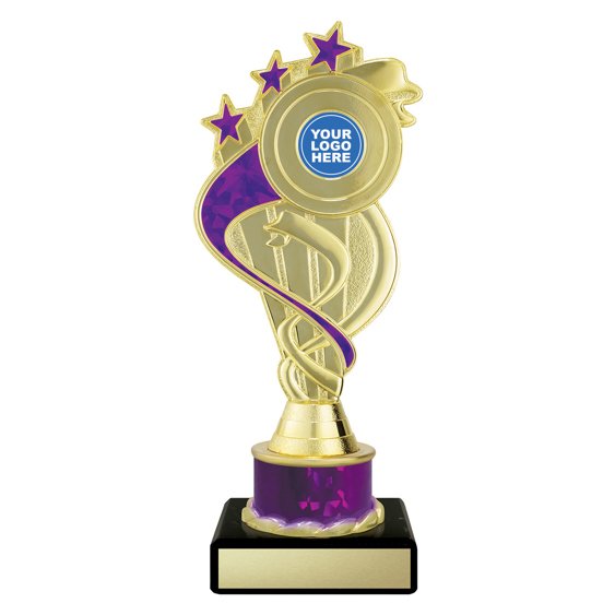 Small gold swirl star trophy with purple ribbon detail, purple column centre and engraving plate on black base