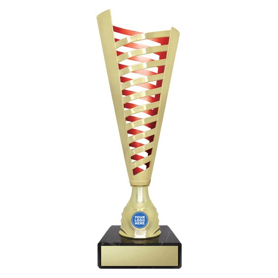 Extra large tall gold lattice design cup trophy with red inner panel and circular logo insert on black base
