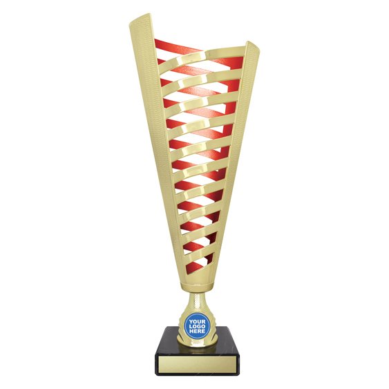 Extra small tall gold lattice design cup trophy with red inner panel and circular logo insert on black base