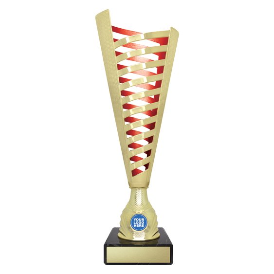 Large tall gold lattice design cup trophy with red inner panel and circular logo insert on black base