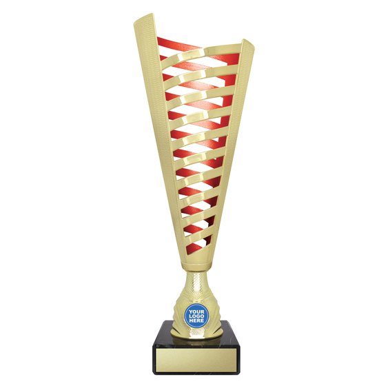 Medium tall gold lattice design cup trophy with red inner panel and circular logo insert on black base