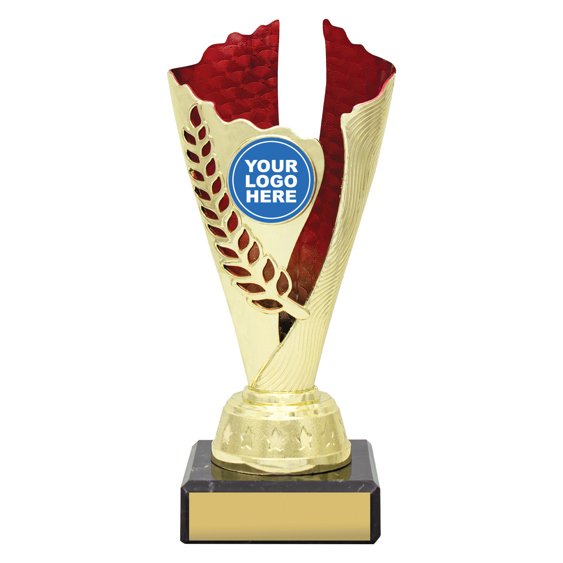 Extra small gold laurel trophy with red textured insert, red column centre and engraving plate on black base