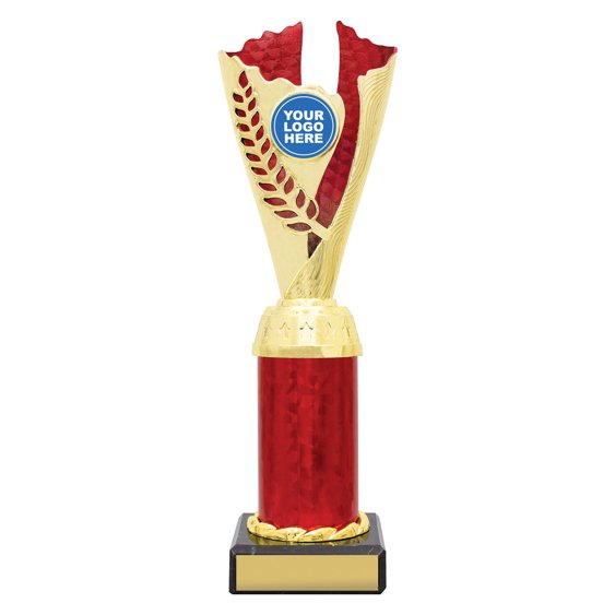 Large gold laurel trophy with red textured insert, red column centre and engraving plate on black base