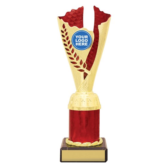Medium gold laurel trophy with red textured insert, red column centre and engraving plate on black base