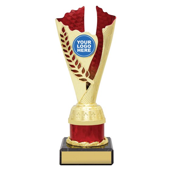 Small gold laurel trophy with red textured insert, red column centre and engraving plate on black base
