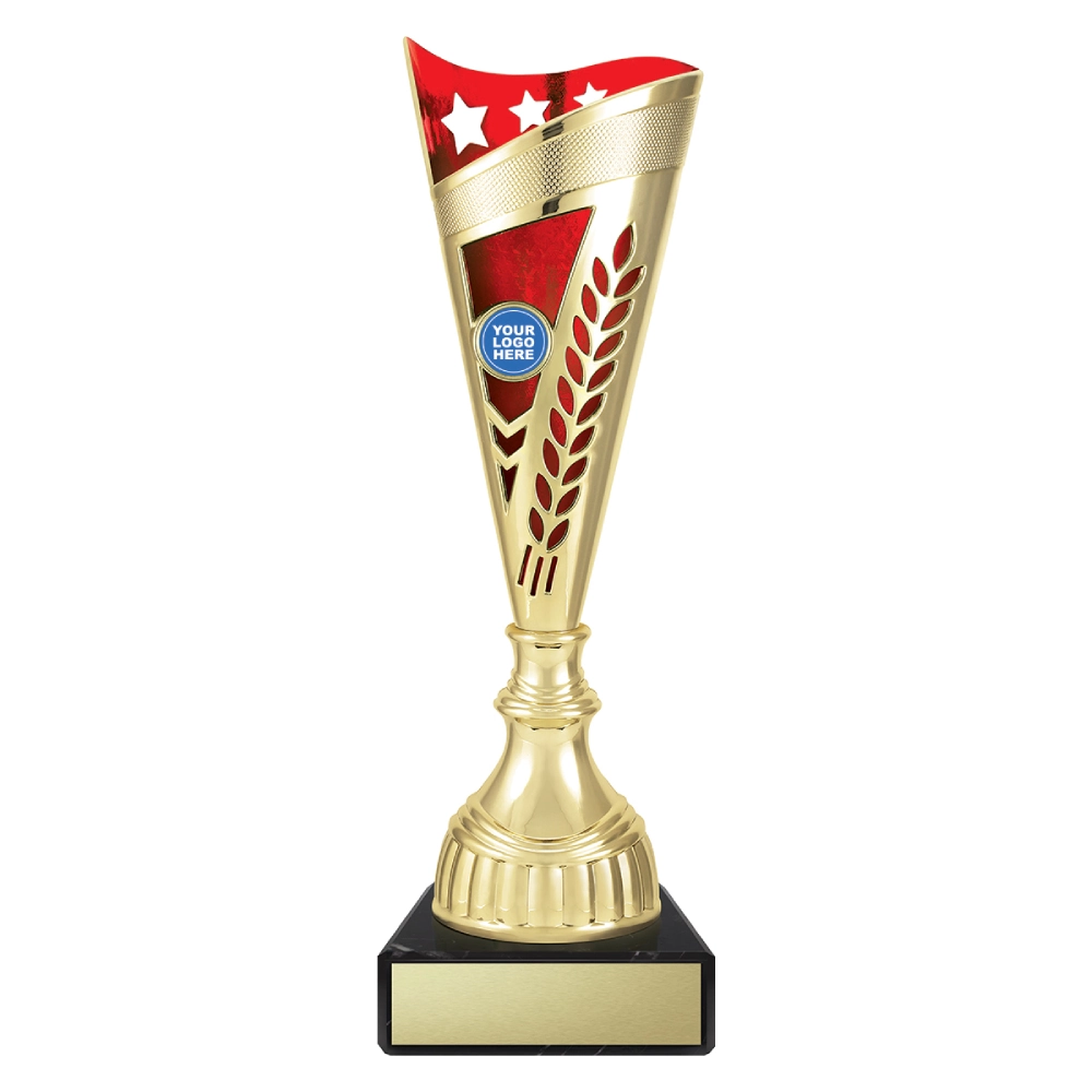 Extra large gold cup trophy with red top panel star detail and laurel cutout design on black base with blank engraving plate