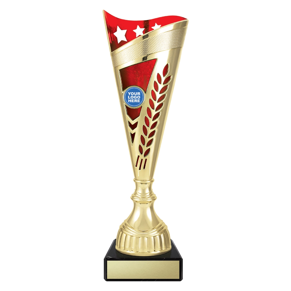 Large gold cup trophy with red top panel star detail and laurel cutout design on black base with blank engraving plate