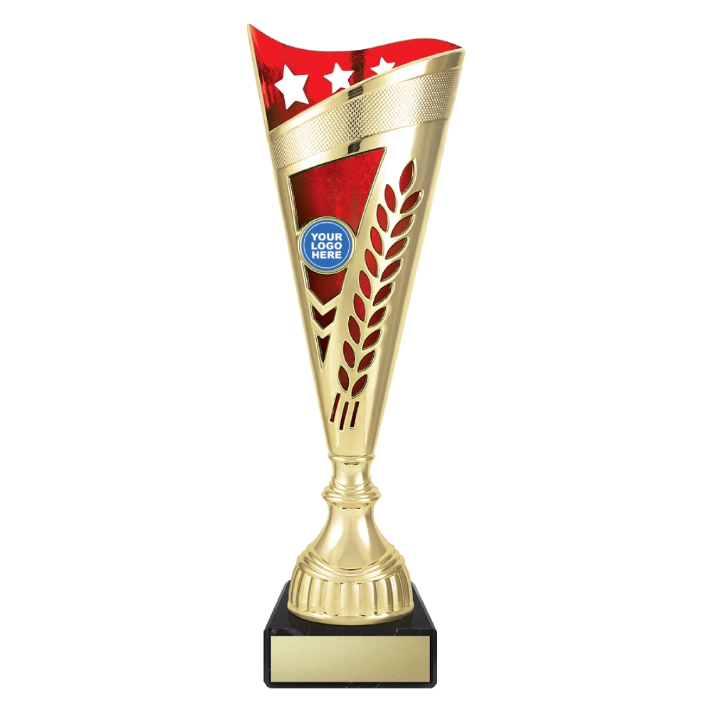 Medium gold cup trophy with red top panel star detail and laurel cutout design on black base with blank engraving plate
