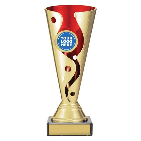 Large gold cup trophy with red inner panel and flowing cutout design on black base with blank engraving plate