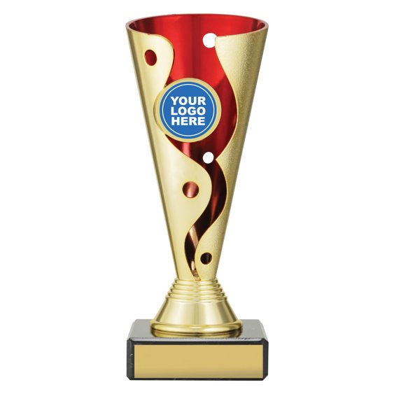 Medium gold cup trophy with red inner panel and flowing cutout design on black base with blank engraving plate