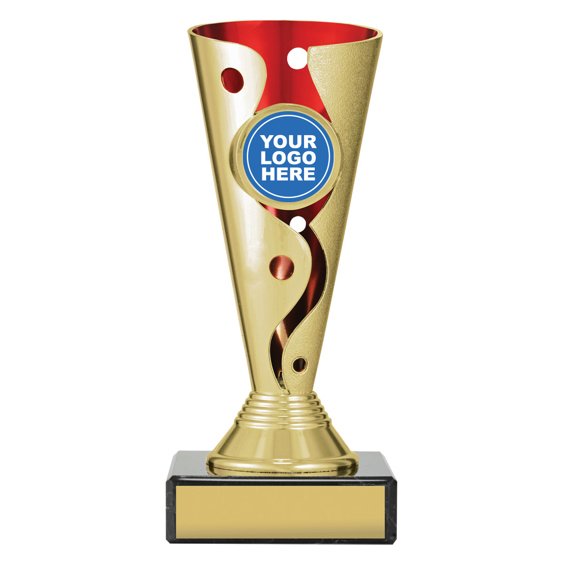 Small gold cup trophy with red inner panel and flowing cutout design on black base with blank engraving plate